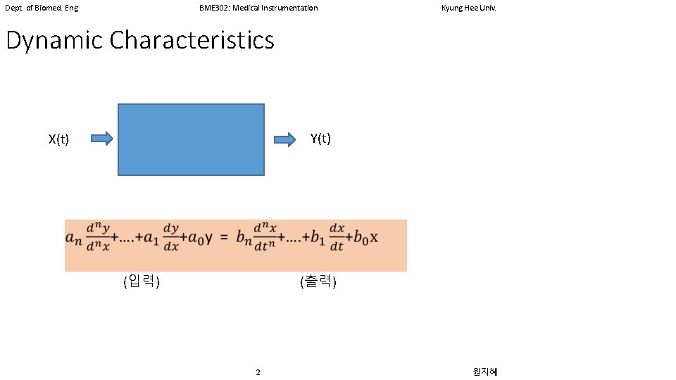 Dept. of Biomed. Eng. BME 302: Medical Instrumentation Kyung Hee Univ. Dynamic Characteristics Y(t)