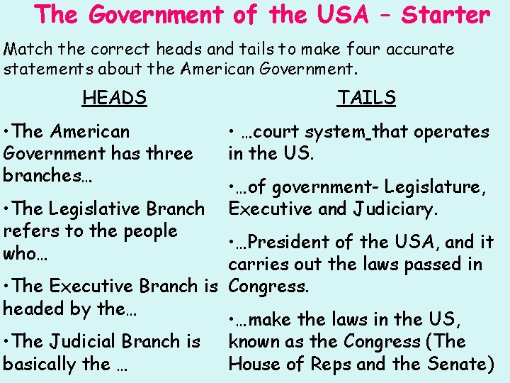 The Government of the USA – Starter Match the correct heads and tails to