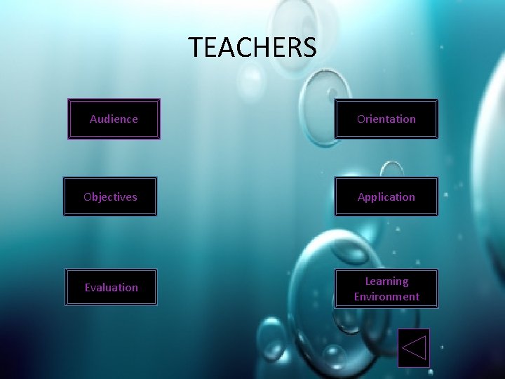 TEACHERS Audience Orientation Objectives Application Evaluation Learning Environment 