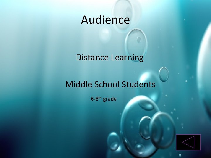 Audience Distance Learning Middle School Students 6 -8 th grade 