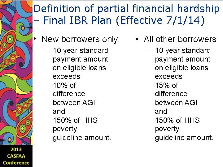 Definition of partial financial hardship – Final IBR Plan (Effective 7/1/14) • New borrowers