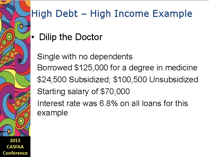 High Debt – High Income Example • Dilip the Doctor Single with no dependents