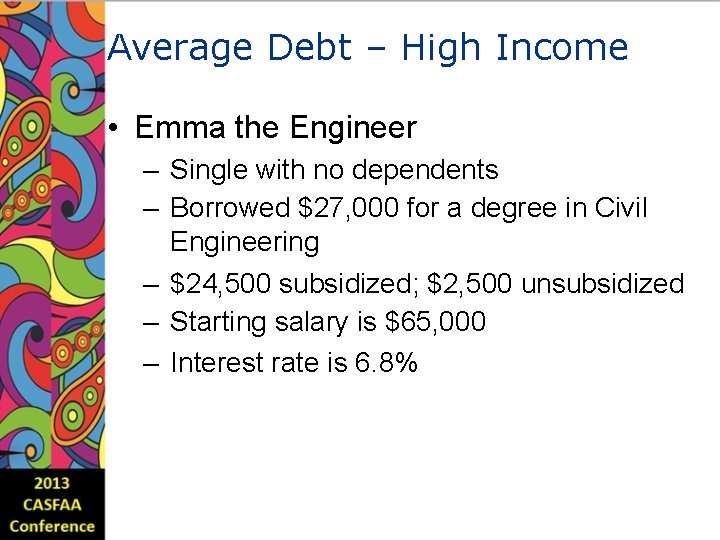 Average Debt – High Income • Emma the Engineer – Single with no dependents