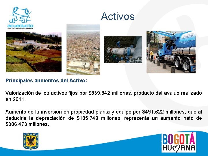 Activos Principales aumentos del Activo: Valorización de los activos fijos por $839, 842 millones,