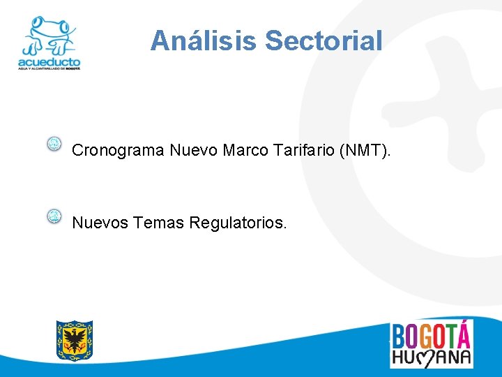 Análisis Sectorial Cronograma Nuevo Marco Tarifario (NMT). Nuevos Temas Regulatorios. 