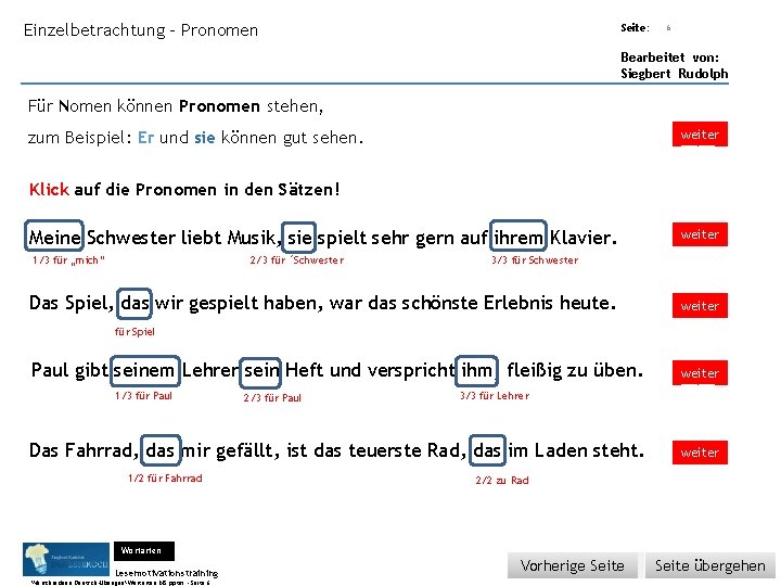 Übungsart: Einzelbetrachtung - Pronomen Seite: 6 Bearbeitet von: Siegbert Rudolph Für Nomen können Pronomen