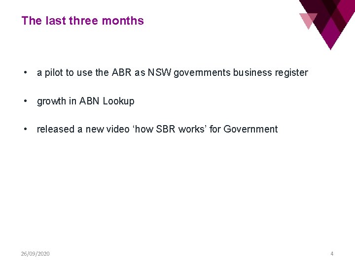 The last three months • a pilot to use the ABR as NSW governments