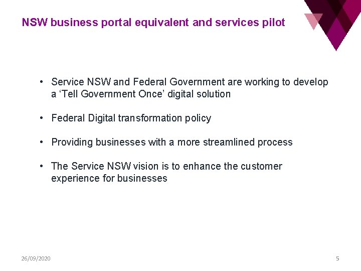 NSW business portal equivalent and services pilot • Service NSW and Federal Government are