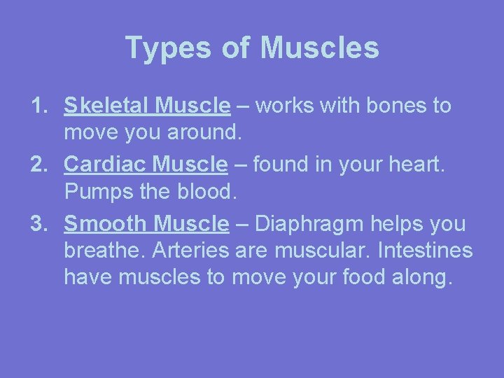 Types of Muscles 1. Skeletal Muscle – works with bones to move you around.