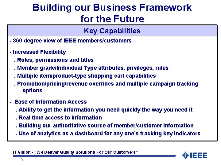 Building our Business Framework for the Future Key Capabilities - 360 degree view of