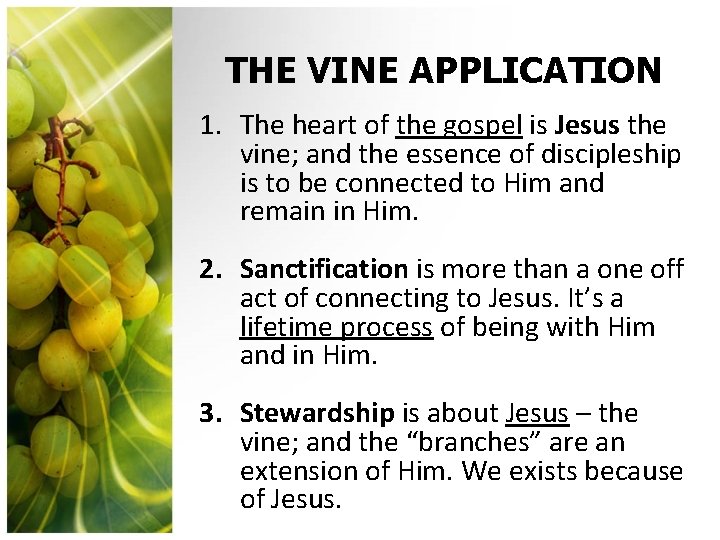THE VINE APPLICATION 1. The heart of the gospel is Jesus the vine; and