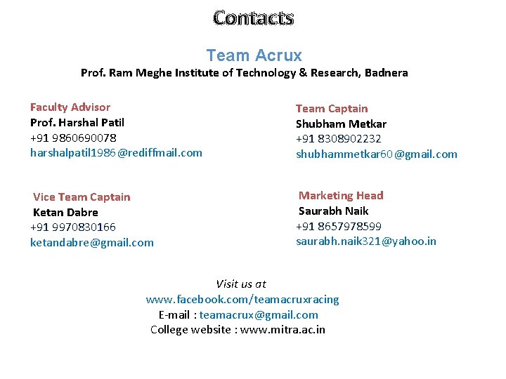 Contacts Team Acrux Prof. Ram Meghe Institute of Technology & Research, Badnera Faculty Advisor