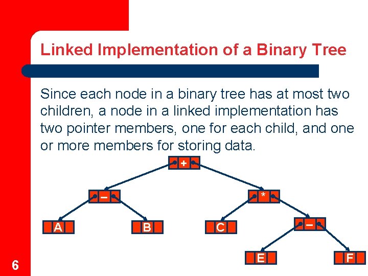 Linked Implementation of a Binary Tree Since each node in a binary tree has