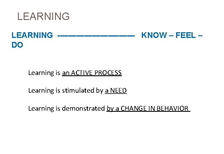 LEARNING --------------- KNOW – FEEL – DO Learning is an ACTIVE PROCESS Learning is