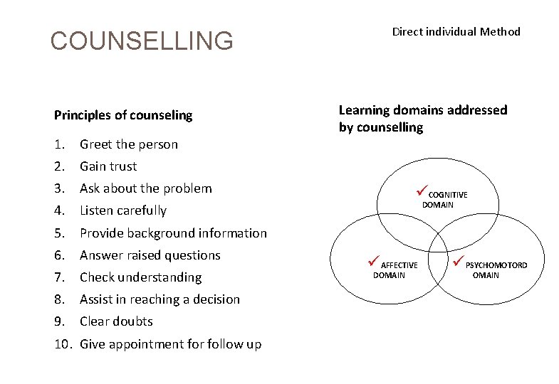  COUNSELLING Principles of counseling 1. Greet the person Direct individual Method Learning domains
