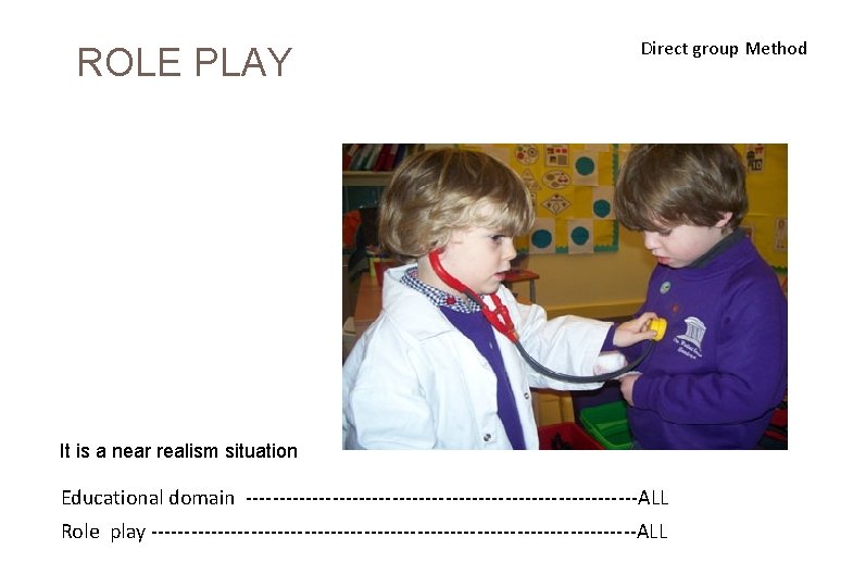  ROLE PLAY Direct group Method It is a near realism situation Educational domain