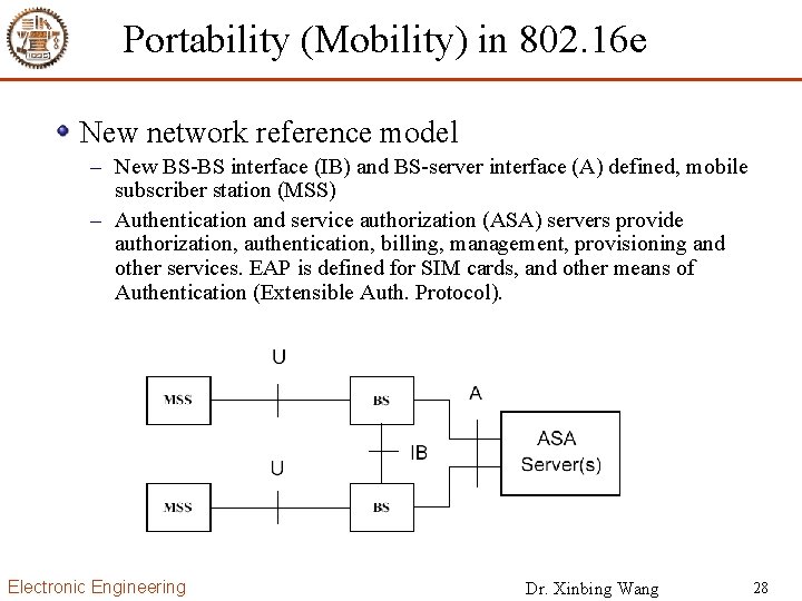 Portability (Mobility) in 802. 16 e New network reference model – New BS-BS interface