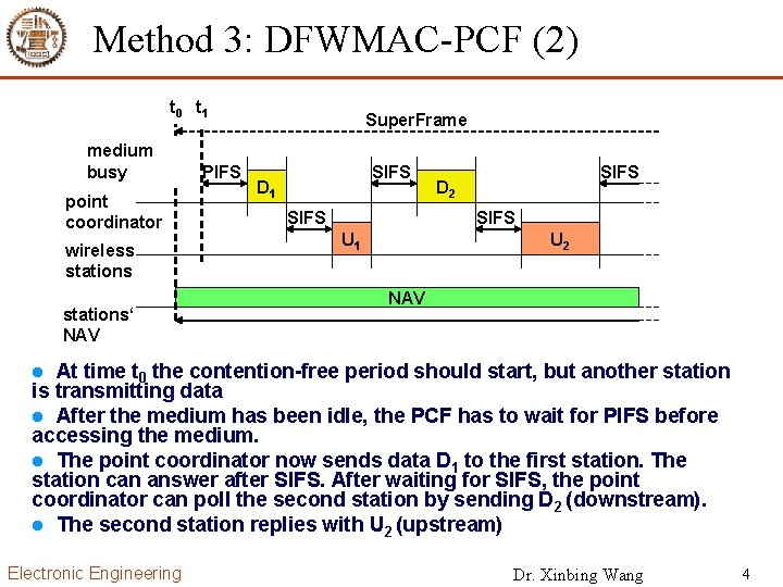 Method 3: DFWMAC-PCF (2) t 0 t 1 medium busy point coordinator wireless stations‘