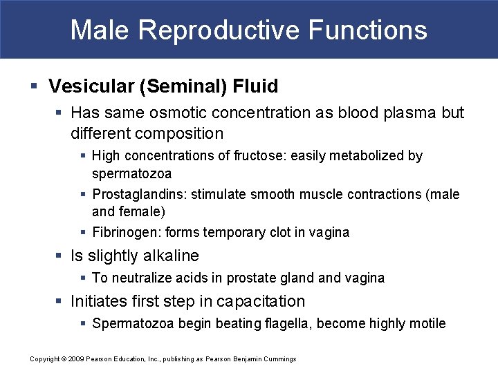 Male Reproductive Functions § Vesicular (Seminal) Fluid § Has same osmotic concentration as blood
