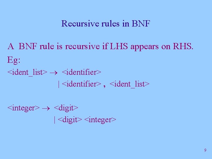 Recursive rules in BNF A BNF rule is recursive if LHS appears on RHS. Recursive rules in BNF A BNF rule is recursive if LHS appears on RHS.