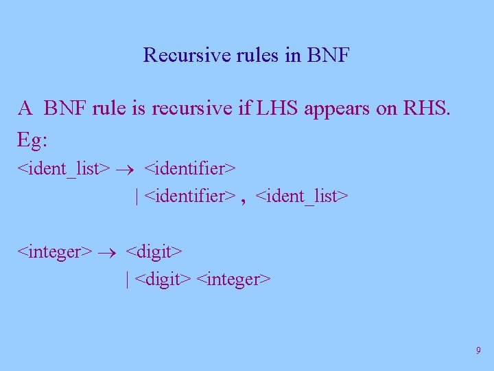 Recursive rules in BNF A BNF rule is recursive if LHS appears on RHS.