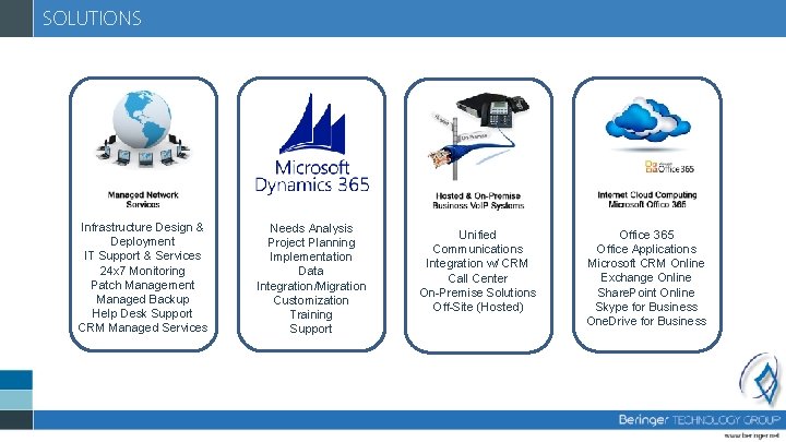 SOLUTIONS Infrastructure Design & Deployment IT Support & Services 24 x 7 Monitoring Patch