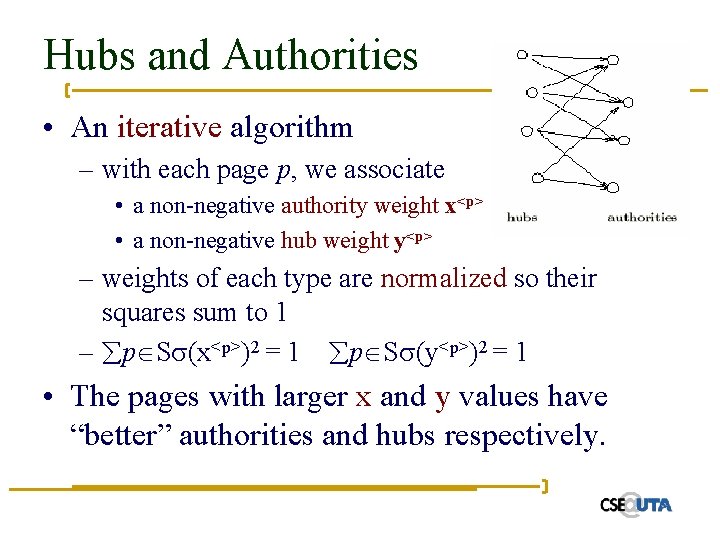 Hubs and Authorities • An iterative algorithm – with each page p, we associate