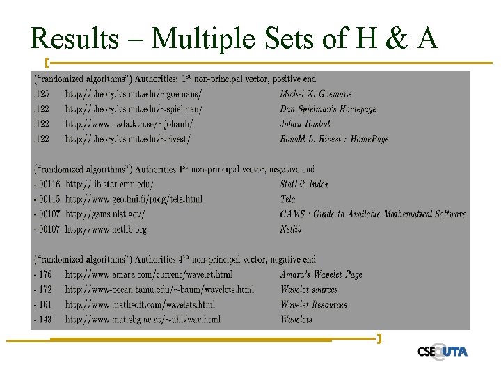 Results – Multiple Sets of H & A 