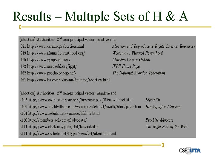 Results – Multiple Sets of H & A 