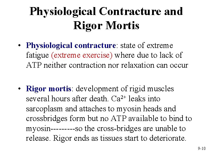 Physiological Contracture and Rigor Mortis • Physiological contracture: state of extreme fatigue (extreme exercise)