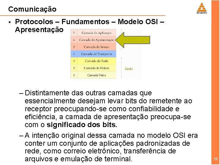 Comunicação § Protocolos – Fundamentos – Modelo OSI – Apresentação – Distintamente das outras