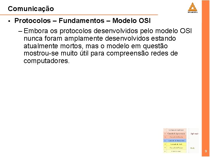 Comunicação § Protocolos – Fundamentos – Modelo OSI – Embora os protocolos desenvolvidos pelo