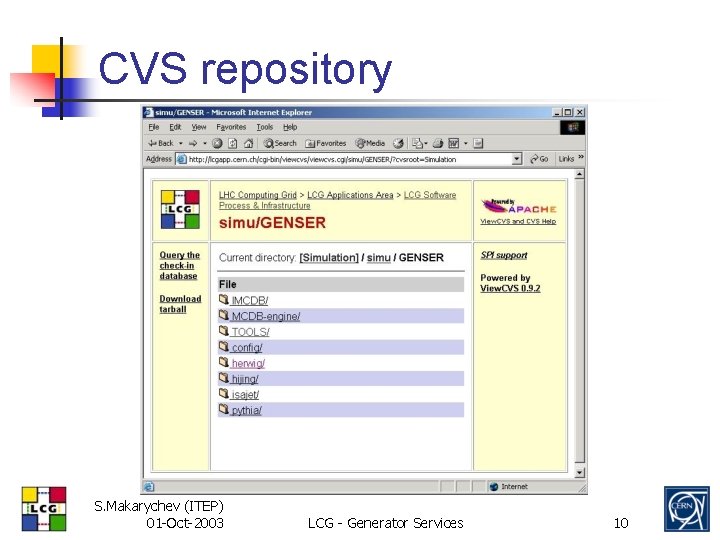 CVS repository S. Makarychev (ITEP) 01 -Oct-2003 LCG - Generator Services 10 