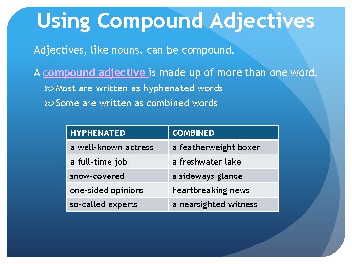 Using Compound Adjectives, like nouns, can be compound. A compound adjective is made up