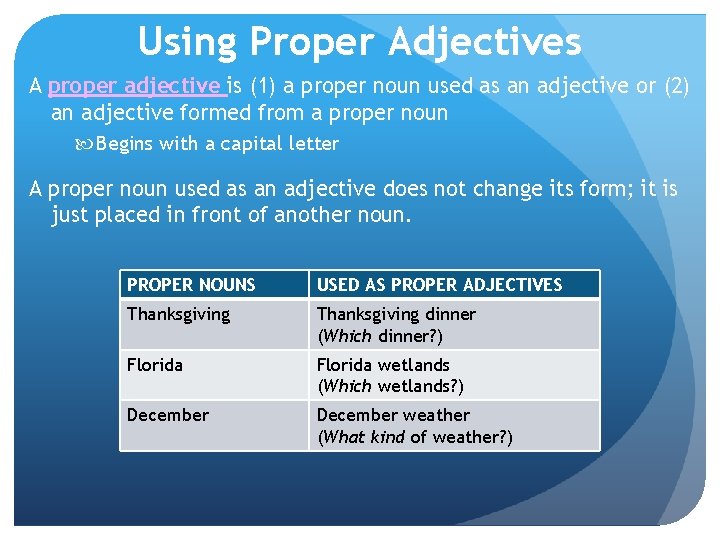 Using Proper Adjectives A proper adjective is (1) a proper noun used as an