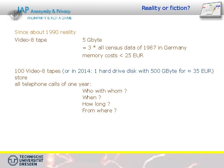 Reality or fiction? Since about 1990 reality Video-8 tape 5 Gbyte = 3 *