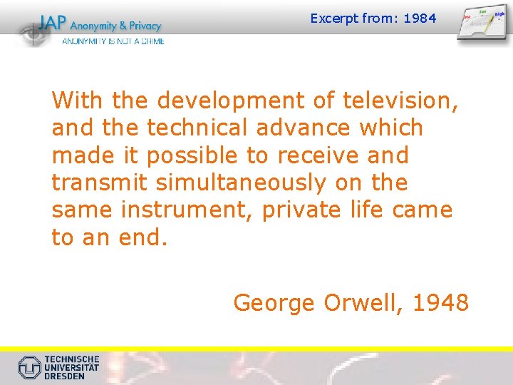 Excerpt from: 1984 With the development of television, and the technical advance which made