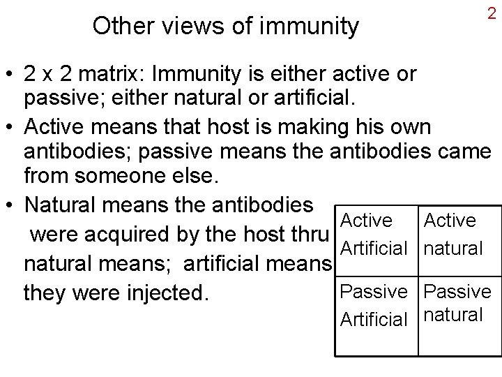 Other views of immunity 2 • 2 x 2 matrix: Immunity is either active
