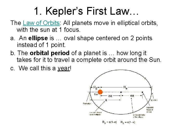 1. Kepler’s First Law… The Law of Orbits: All planets move in elliptical orbits,