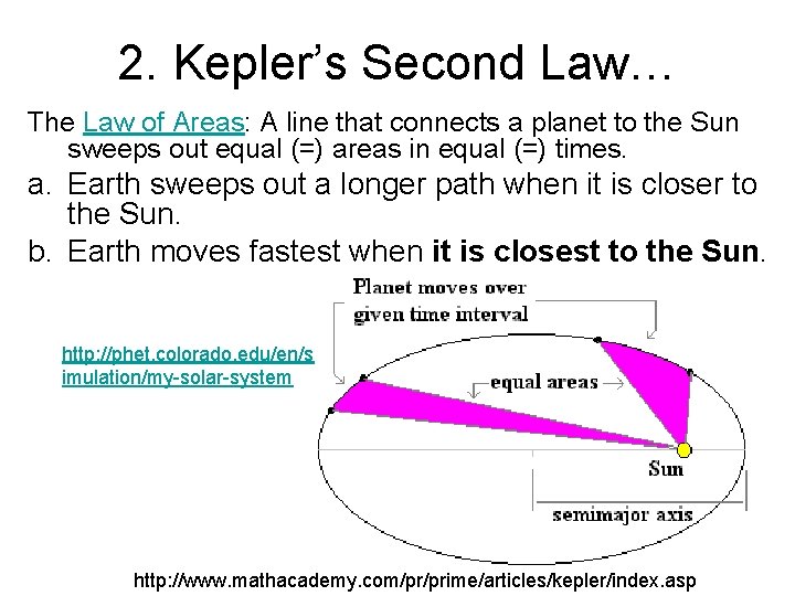 2. Kepler’s Second Law… The Law of Areas: A line that connects a planet