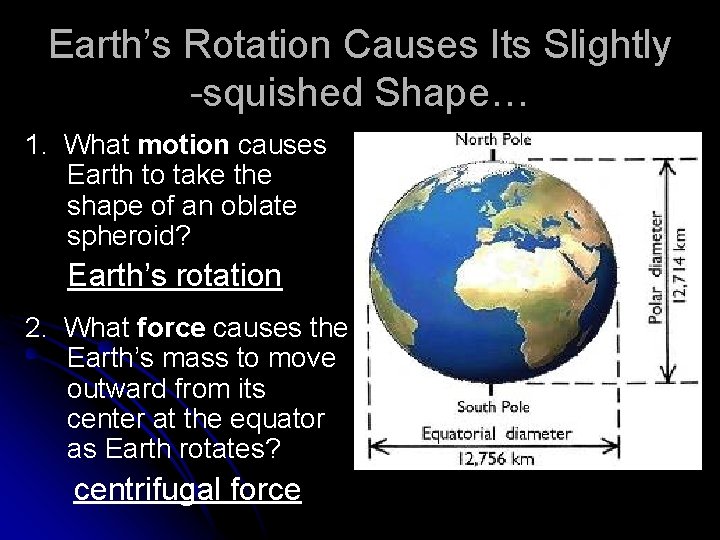 Earth’s Rotation Causes Its Slightly -squished Shape… 1. What motion causes Earth to take