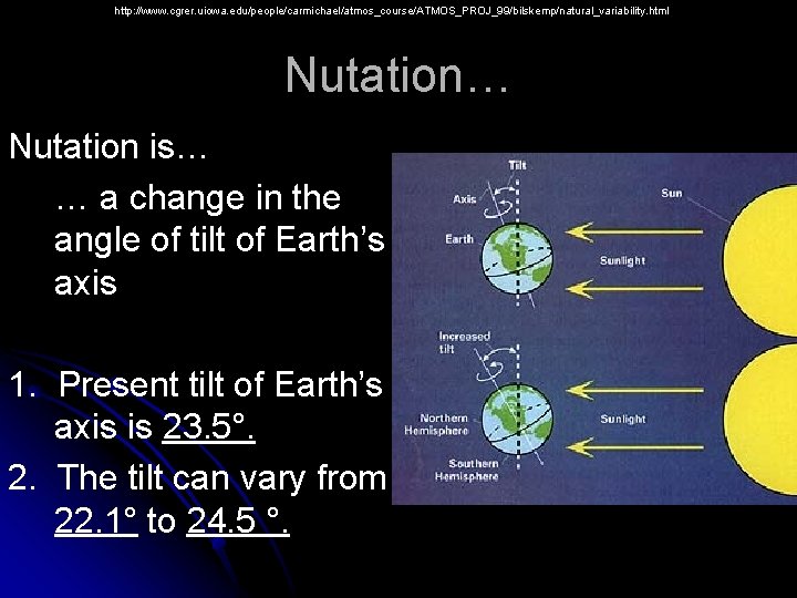 http: //www. cgrer. uiowa. edu/people/carmichael/atmos_course/ATMOS_PROJ_99/bilskemp/natural_variability. html Nutation… Nutation is… … a change in the
