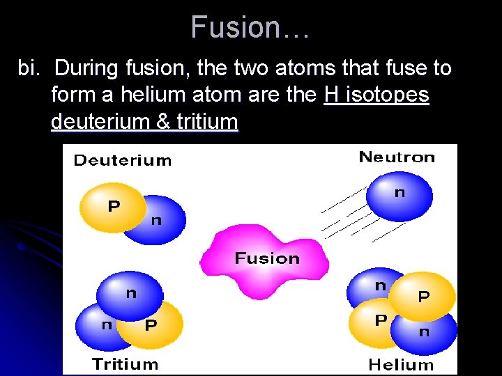 Fusion… bi. During fusion, the two atoms that fuse to form a helium atom