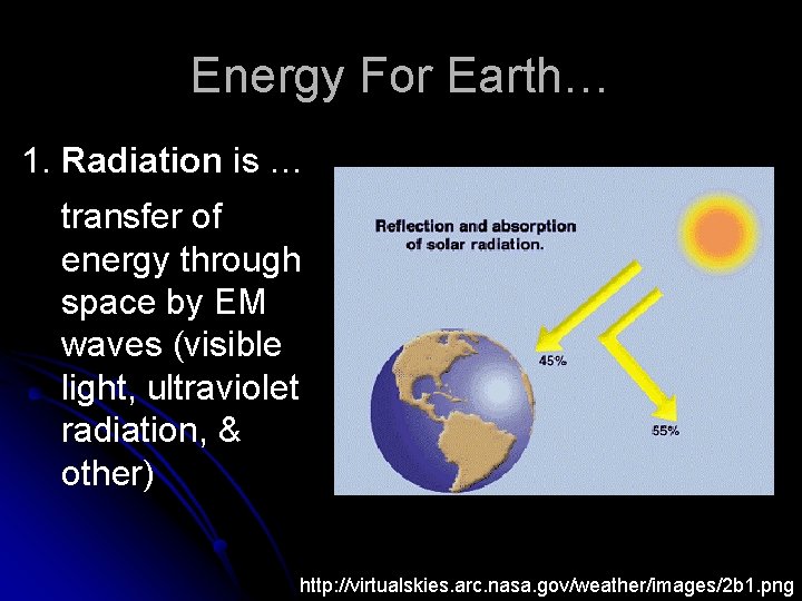 Energy For Earth… 1. Radiation is … transfer of energy through space by EM