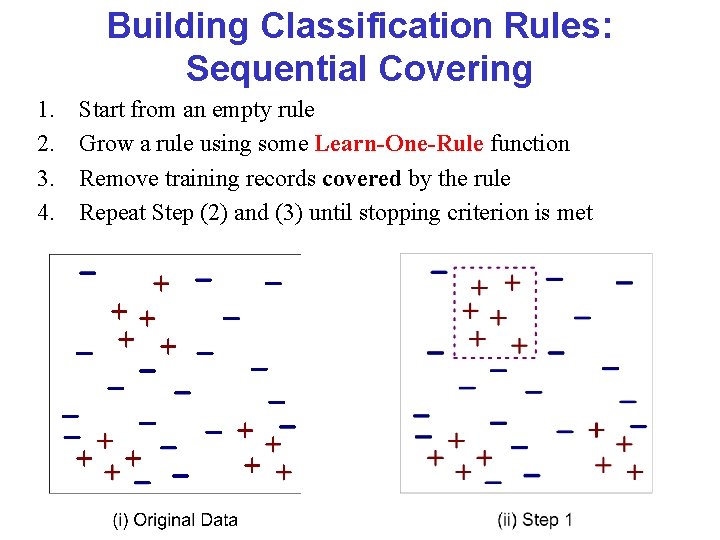 Building Classification Rules: Sequential Covering 1. 2. 3. 4. Start from an empty rule Building Classification Rules: Sequential Covering 1. 2. 3. 4. Start from an empty rule