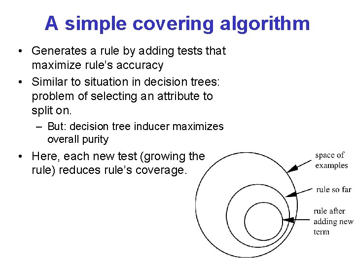 A simple covering algorithm • Generates a rule by adding tests that maximize rule’s A simple covering algorithm • Generates a rule by adding tests that maximize rule’s