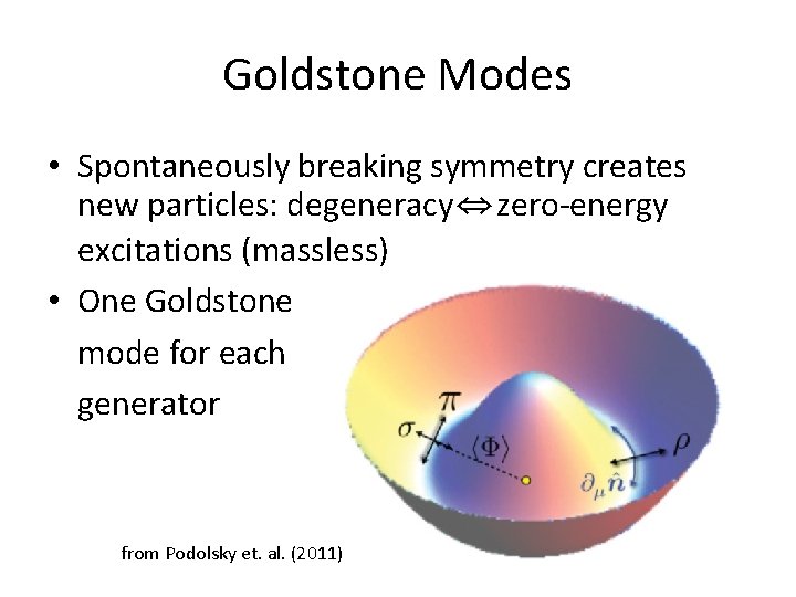 Goldstone Modes • Spontaneously breaking symmetry creates new particles: degeneracy⇔zero-energy excitations (massless) • One