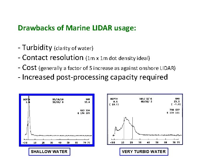 Drawbacks of Marine LIDAR usage: - Turbidity (clarity of water) - Contact resolution (1