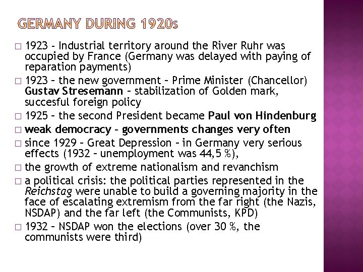 1923 - Industrial territory around the River Ruhr was occupied by France (Germany was