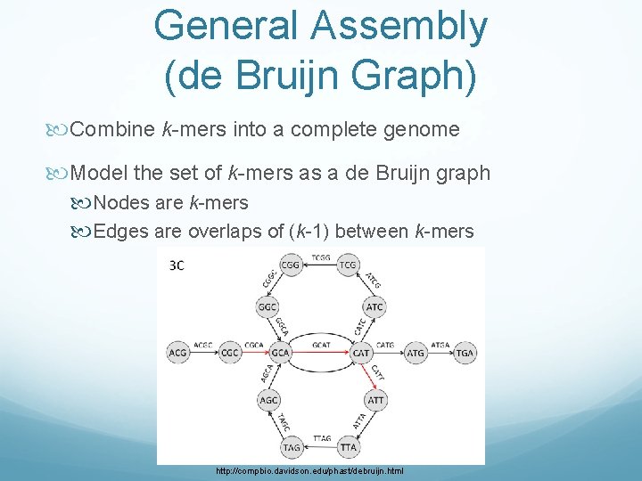 General Assembly (de Bruijn Graph) Combine k-mers into a complete genome Model the set